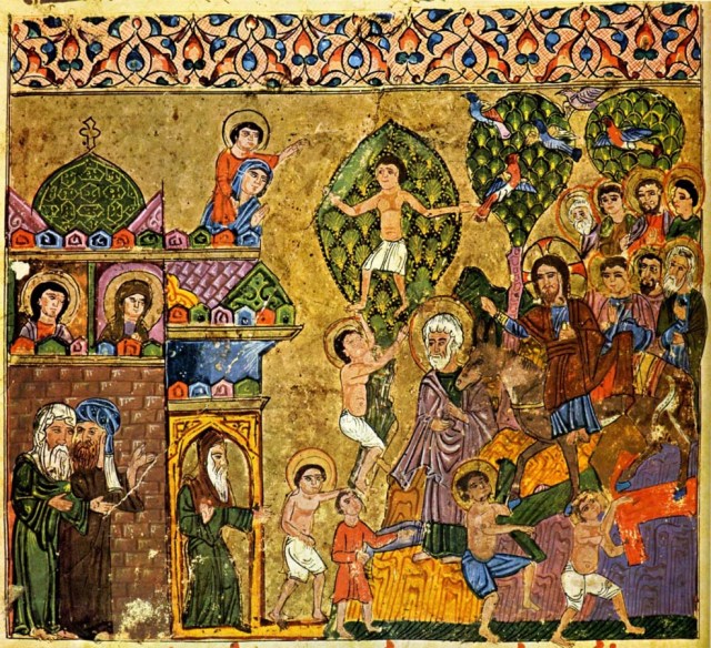 Maître syrien inconnu : l'entrée du Christ à Jérusalem. Vers 1220. Huile sur toile. Evangéliaire de l'église Jacobite de Mossoul.